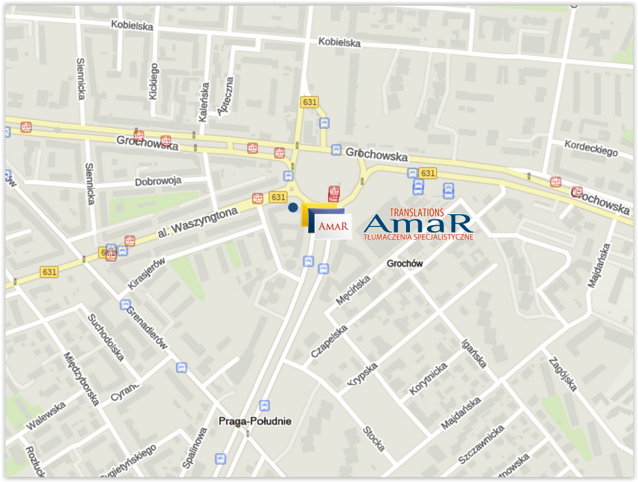 Mapa dojazdu do Biura Tumacze AmaR TRANSLATIONS Al. Waszyngtona 146 lok.403 na Pradze w Warszawie