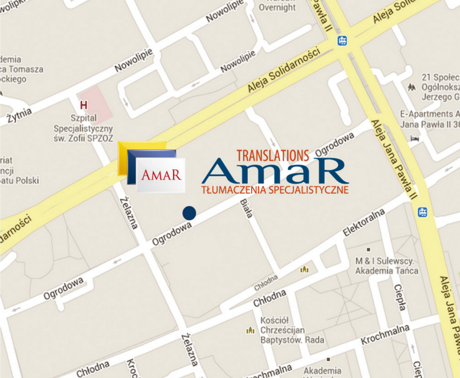 Mapa dojazdu do AmaR TRANSLATIONS Ogrodowa w Centrum Warszawy