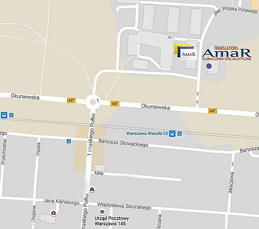 Mapa dojazdu do AmaR TRANSLATIONS - Plac Wojska Polskiego 12/1 w Wesołej